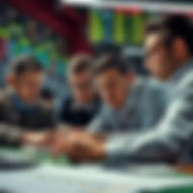 A group of individuals intensely analyzing racing odds and statistics