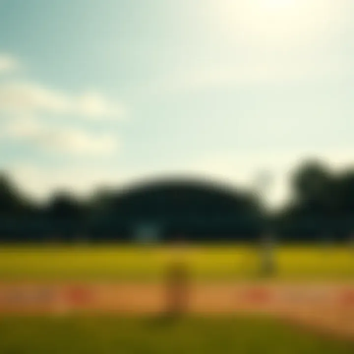 An elegant cricket pitch with players in action under a bright sky