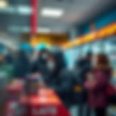 A vibrant atmosphere inside a lottery retail store with customers.