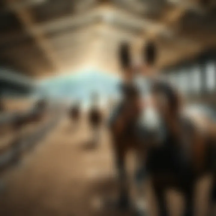 Training session of racehorses in an equestrian facility